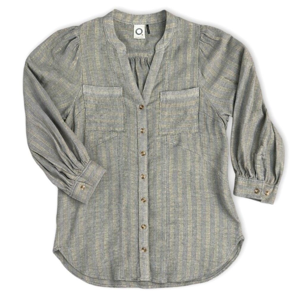 Akemi + Kin Itzel Metallic Gold Stripe Grey Button Down Blouse Anthropologie M